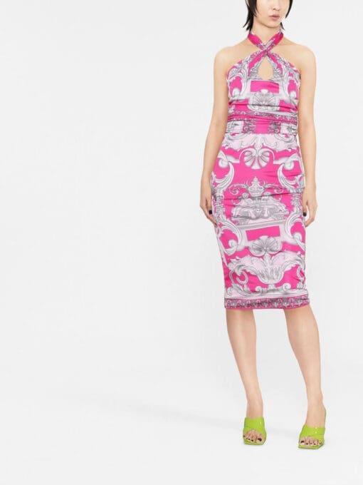 Versace  Silver Baroque-print halterneck midi dress - Image 2