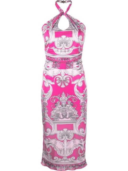 Versace  Silver Baroque-print halterneck midi dress