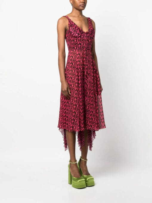 Versace  logo-print asymmetric-hem silk dress - Image 3